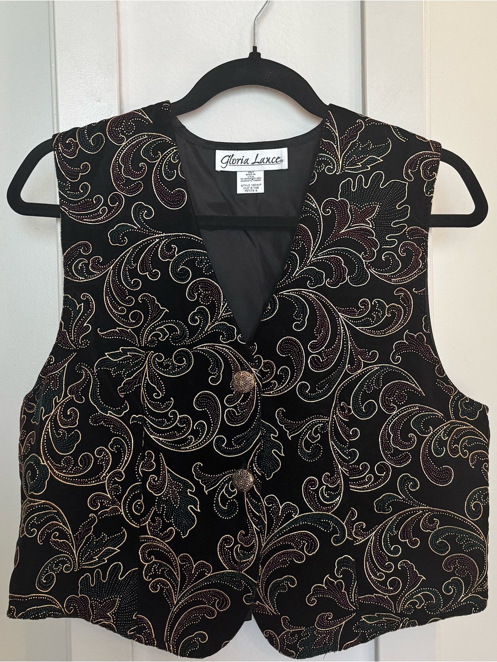 Vintage Gloria Lance Gold Beaded Paisley Velvet Vest, Black, Petite Small